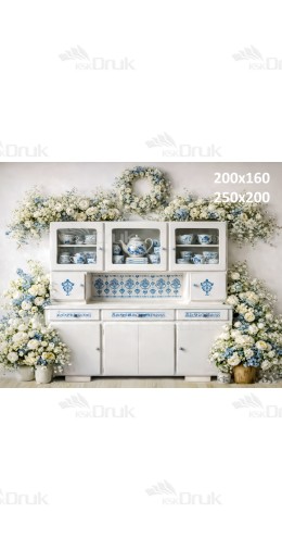 Tło fotograficzne „Biała kredensowa witryna w niebieskie wzory” | E833